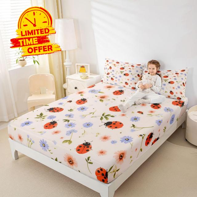 Erosebridal Red Ladybug Girls Fitted Sheet Queen Size Cute Ladybird Bed Sheets for Kids Teens Adult Boho Floral Bedding Set Rustic Reptile Animal Sheets Breathable Bedroom Deco