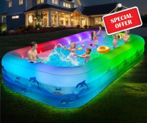 Extra Large Inflatable Pool with Lights - 145" x 74" x 22" Swimming Pool for Adults with Solar Powered