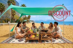 Beach Tent Shade Canopy UPF50+ Protection – 10x10 FT Pop-Up Sun Shelter with 4 Sturdy Poles & Sandbag Anchor for Wind Resistance