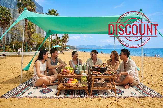Beach Tent Shade Canopy UPF50+ Protection – 10x10 FT Pop-Up Sun Shelter with 4 Sturdy Poles & Sandbag Anchor for Wind Resistance
