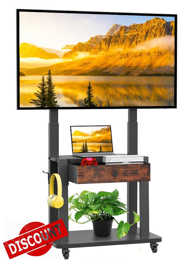 Rolling TV Stand with Fabric Drawer for 32-75 Inch Flat/Curved Screen Adjustable Height LCD/LED/OLED with Storage Mobile TV Cart on Wheels up to 220lbs for Home Office Outdoor Max VESA 600x400mm