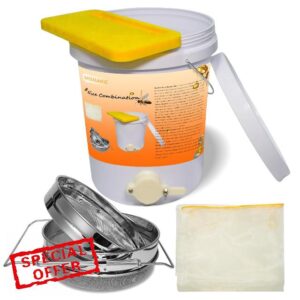 Honey Bucket 5 Gallon Beekeeping Supplies-Honey Gate & Stainless Steel Double Sieve Honey Strainer Honey Filter Bag Uncapping Tank Holder Honey Harvesting Equipment Beekeeping Kit(5 PCS/Set)