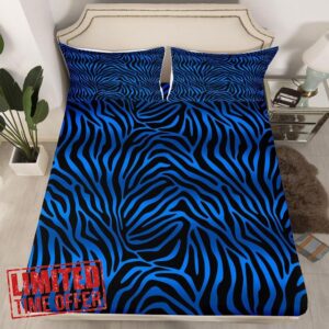 Erosebridal Zebra Stripes Fitted Sheet Queen Size Blue Black Zebra Print Bed Sheets for Teens Men Women Fashionable Animal Fur Bedding Set Simple Geometric Sheets