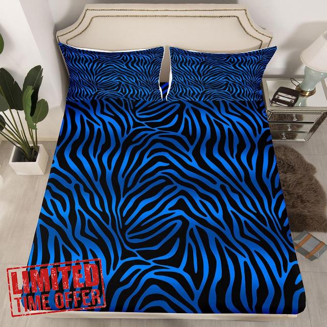 Erosebridal Zebra Stripes Fitted Sheet Queen Size Blue Black Zebra Print Bed Sheets for Teens Men Women Fashionable Animal Fur Bedding Set Simple Geometric Sheets
