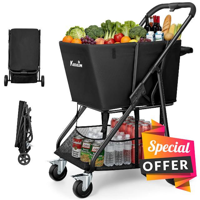 KEDSUM Shopping Carts for Groceries with 7" Dual-Bearing Rubber Wheels
