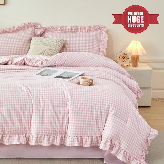 RYNGHIPY Pink Ruffled Comforter Set Twin Gingham Bedding Comforter Sets 5 Pcs Soft Fluffy Checkered Bed in a Bag for Kids Boys Girls Brushed Microfiber Grid Bed Set (Pink Gingham
