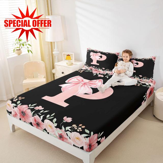 Erosebridal Alphabet P Fitted Sheet Queen Floral Pink Bow Bed Sheets for Boys Girls Customized Initial Letter Bed Set Coquette Aesthetic Sheets with 2 Pillowcases