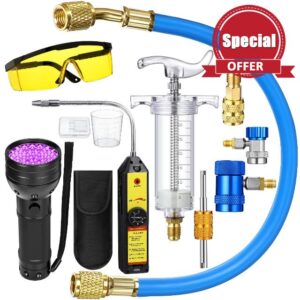 Tellegloww 8 Pcs Leak Detector Kit R1234yf R134a R410a Hand Push Compressor Manual AC Oil UV Dye Injector Refrigerant Leak Detector Tool Low Side Quick Coupler Mini Split Adapter Glasses Flashligh