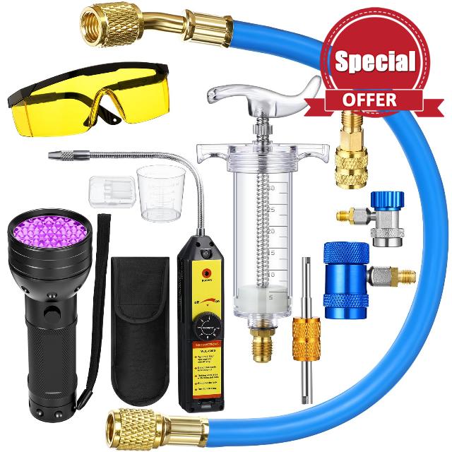 Tellegloww 8 Pcs Leak Detector Kit R1234yf R134a R410a Hand Push Compressor Manual AC Oil UV Dye Injector Refrigerant Leak Detector Tool Low Side Quick Coupler Mini Split Adapter Glasses Flashligh