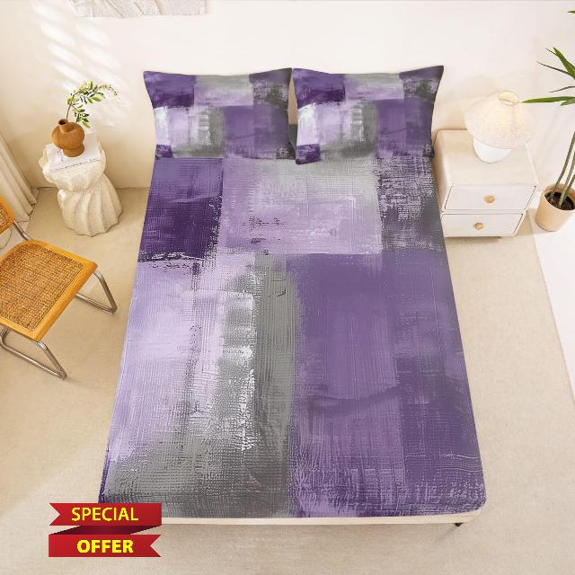 jejeloiu Abstract Fitted Sheet Queen Size for Kids Boys Girls Purple Gray Bed Sheets Set 16" Deep Pocket Soft Breathable Microfiber Modern Art Bedding with 2 Pillowcases Room Deco
