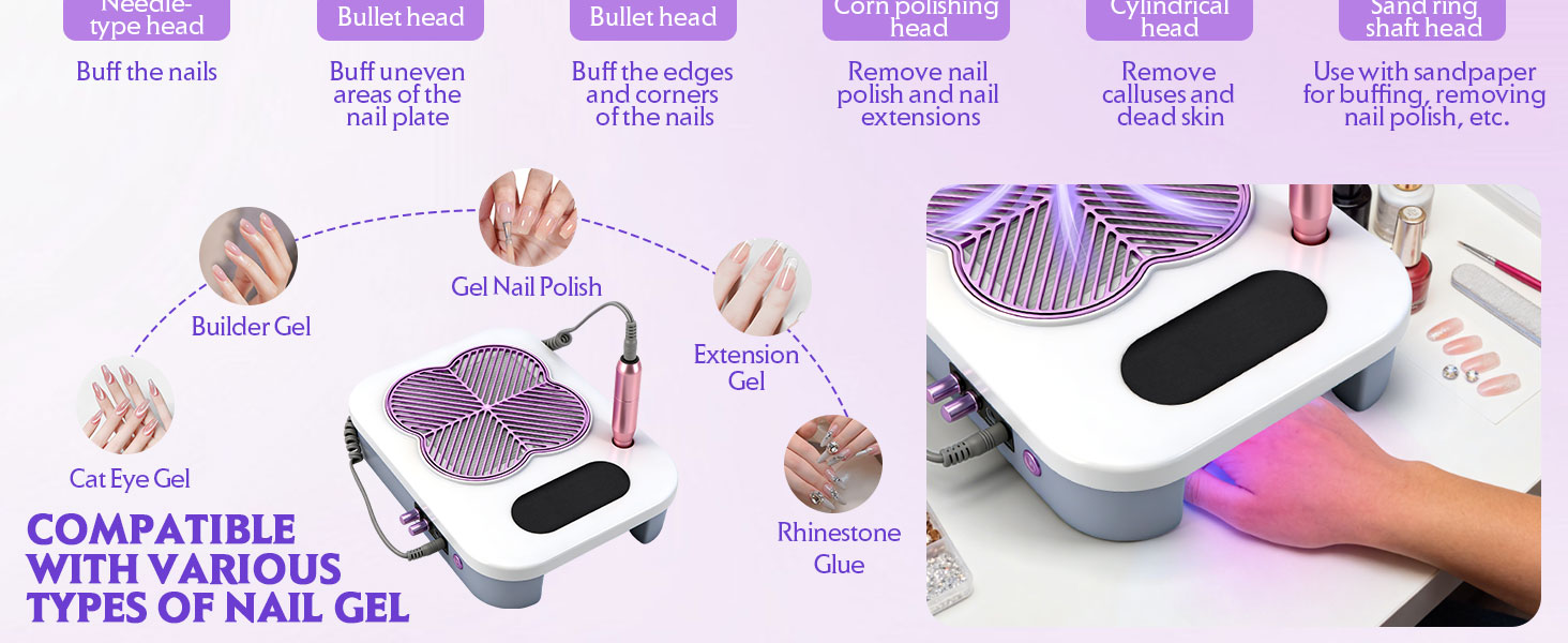 3 in 1 nail dust collector electric with 6 nail drill file bits,uv lamp for manicurist girls women