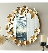LOVNAHO Vintage Round Wall Mirror, Metal Leaf 24.5inch Antique Gold Wall-Mounted Mirror for Bathr...
