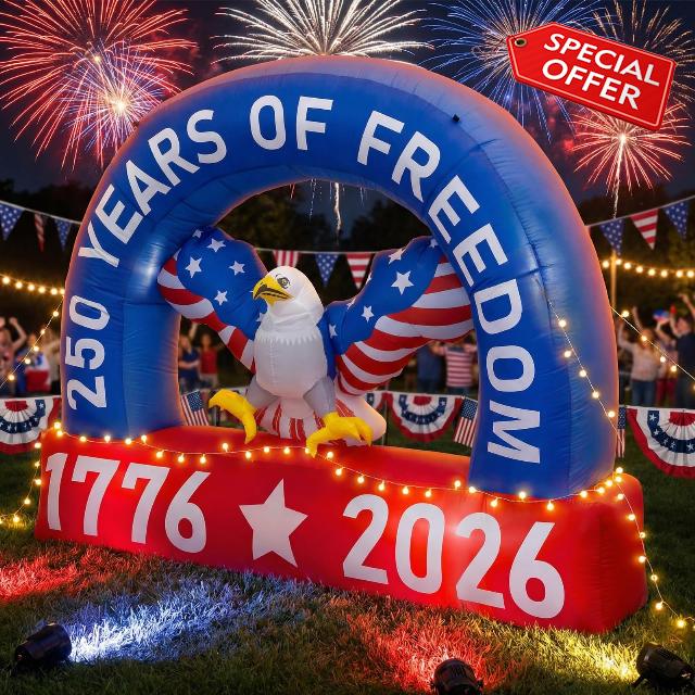 Blueweenly 5.9ft 250th Anniversary Patriotic Inflatable Outdoor Decoration 4th of July Bald Eagle with Build-in LED USA Inflatable Decoration Independence Day Blow up for Outdoor Yard Memorial Day