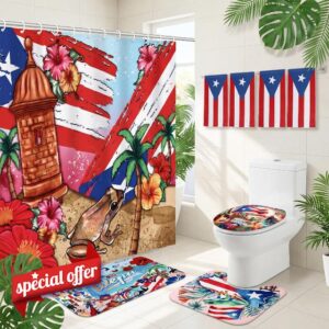 8 Pcs Puerto Rico Bathroom Shower Curtain Set Puerto Rico Bathroom Decor Set Include Shower Curtain Non-Slip Rug Bath Mat Toilet Lid Cover and 4 Towels with 12 Hooks