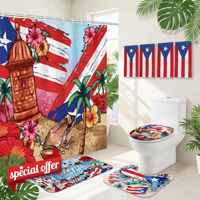 8 Pcs Puerto Rico Bathroom Shower Curtain Set Puerto Rico Bathroom Decor Set Include Shower Curtain Non-Slip Rug Bath Mat Toilet Lid Cover and 4 Towels with 12 Hooks