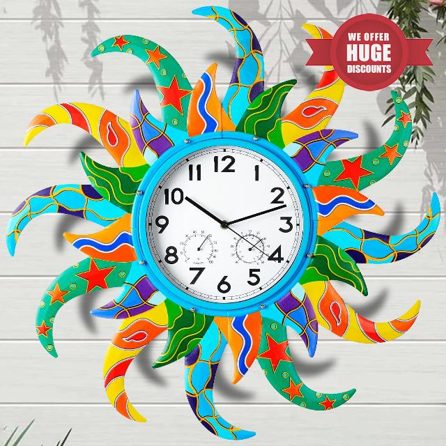 Large Sun Outdoor Clock Thermometer Combo