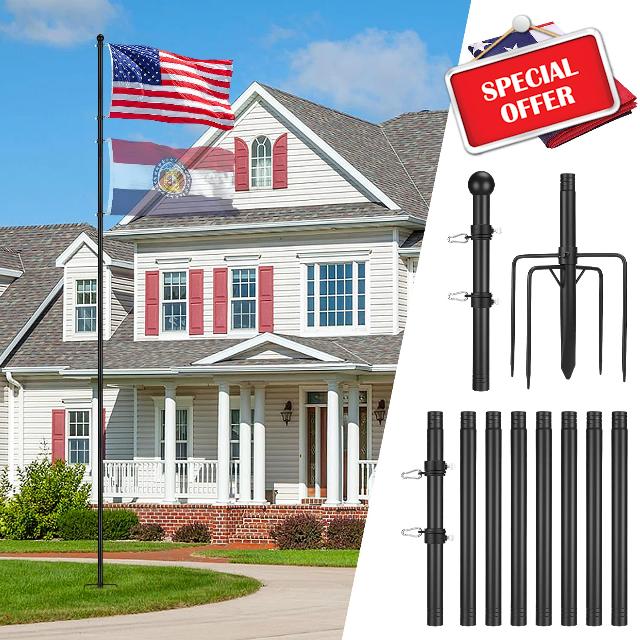 12.5FT Flag Pole for Outside House with 3'x5' American Flag - In-Ground Tangle Free Flagpoles Kit with 5 Prong Base
