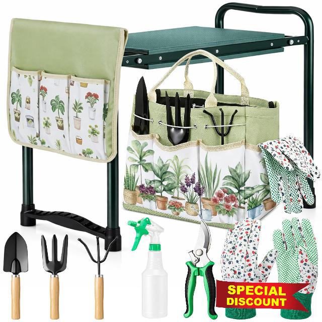 Sintuff 9 Pcs Garden Kneeler and Seat with Gardening Tools and Pouch Heavy Duty Gardening Stools for Seniors Foldable Garden Stool Gifts for Women Mom Employees Yard Outdoor Work Gif
