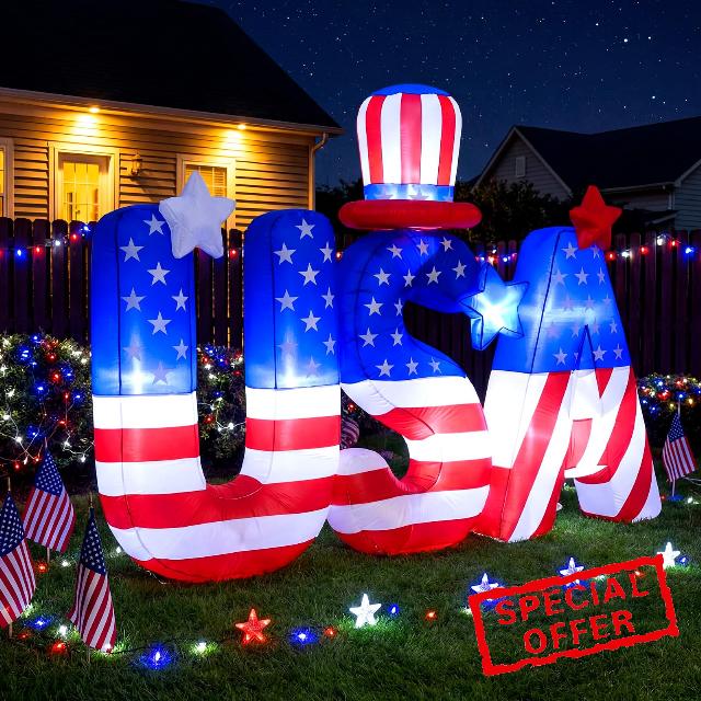 Hungdao 6.5 ft 4th of July Inflatables Decoration USA Letters Memorial Day 250th Anniversary Patriotic Blow up USA Letters Hat with Stars Decoration LED Light up Decor for Independence Day Outdoo