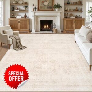 8x10 Area Rugs for Living Room: Vintage Boho Neutral Washable Rug Indoor Soft Large Area Rug Carpet for Bedroom Nursery Farmhouse Dining Room Office Floor Non-Slip Low Pile Under Table Rug Beige