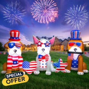 Spinosaurus 7FT 4th of July Inflatables Outdoor Decoration 3dog USA Flag Print Heart Star with LEDs Blow Up Independence Day Patriotic Holiday Yard Decorations