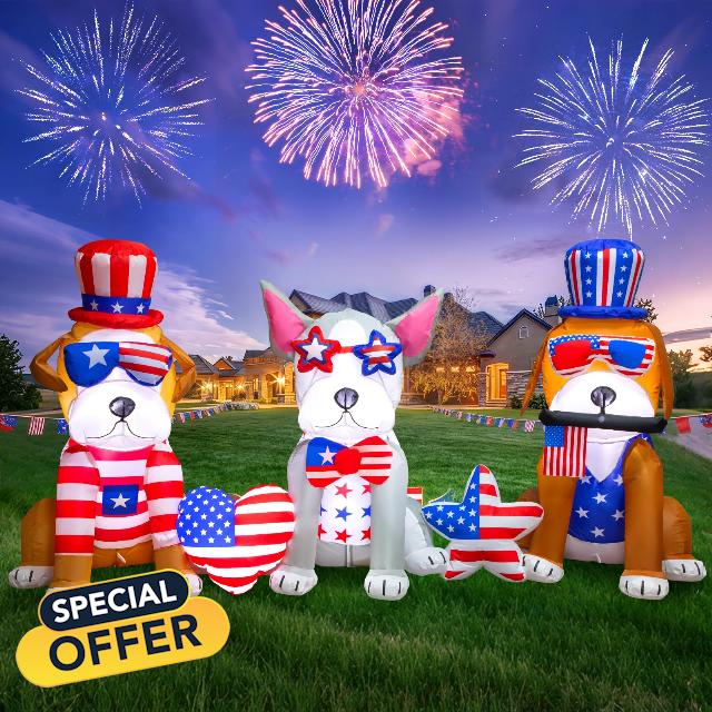 Spinosaurus 7FT 4th of July Inflatables Outdoor Decoration 3dog USA Flag Print Heart Star with LEDs Blow Up Independence Day Patriotic Holiday Yard Decorations