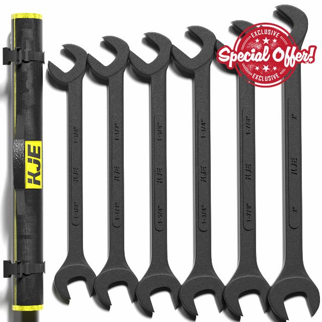 KJE 6PCS SAE 1 3/8" to 2" Black-Oxide Jumbo Angle Wrench Set