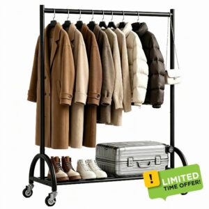 KEETDY Heavy Duty Clothing Racks for Hanging Clothes Heavy Duty Clothes Rack Rolling Garment Rack with Wheels Freestanding Closet Racks