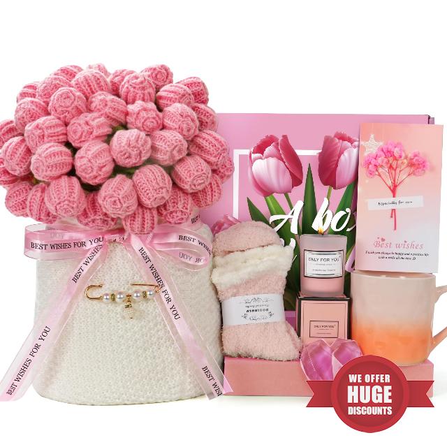 Handmade Knitted Crochet Flower Bouquet Blanket Gifts Basket for Women