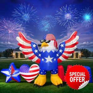 Stegosaurus 8.2FT Long 4th of July Inflatables Decoration Patriotic Blow up Bald Eagle with LED Lights USA Star Outdoor Yard Decoration for Independence Day Holiday