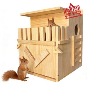 Large Handmade Solid Wood Squirrel House with Porch - Outdoor Nest Box for Squirrels & Chipmunks | Includes Mounting Kit for Tree