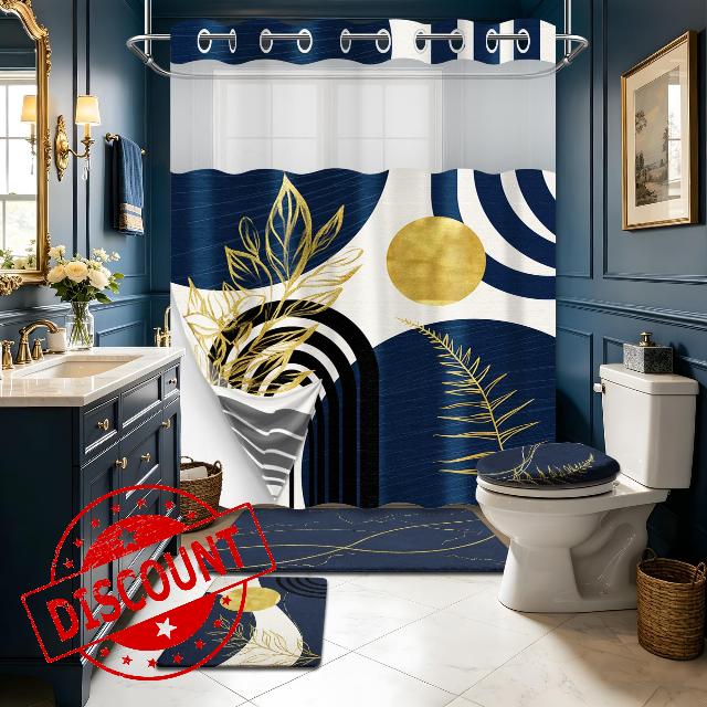 Navy Blue Bathroom Sets with Hookless Shower Curtain and Rugs Dark Blue Mid Century Modern No Hook Shower Curtain and Liner Set