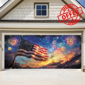American Flag Fireworks Garage Door Banner 7x16FT