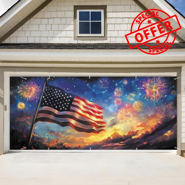 American Flag Fireworks Garage Door Banner 7x16FT