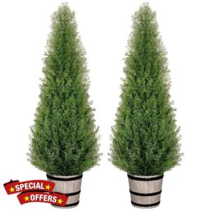 Artificial Cedar Trees 4FT Faux Cedar Topiary Evergreen Plants Outdoor Indoor Fake Cypress Pine Trees with Barrel Planter for Front Porch Entryway Patio Garden Home Decor Set of 2