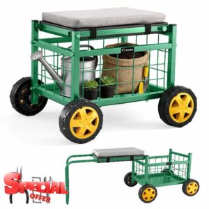 Saker Rolling Garden Cart with Seat & Wheels - 15.7'' EVA Padded Rolling Stool