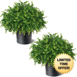 2 Set Real Touch Artificial Eucalyptus Topiary Trees for Outdoor Decor - 16" Faux Eucalyptus Potted Plant