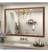 SMIROR 44 x 30 Inch Rustic Bathroom Mirror for Over Sink, Brown Walnut Metal Framed Farmhouse Rec...