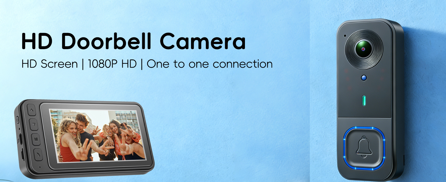 Text reads 'HD Doorbell Camera' and 'HD Screen | 1080P HD | One to one connection'. Product images show a black wireless doorbell camera system with HD screen display.