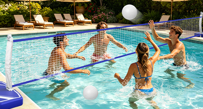 poolside basketball hoop+pool basketball goal+pool volleyball set for inground pools+pool sports