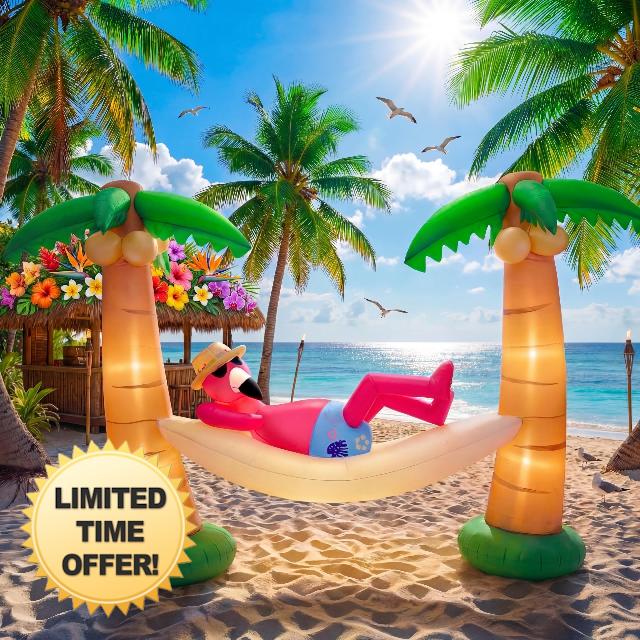 Summer Inflatable Outdoor Decor Flamingo in Hammock with Palm Trees 5 ft LED Lighted Inflatable Palm Trees Blow up Flamingo for Luau Hawaiian Tropical Jungle Party Pool Beach Yard Lawn Decoratio