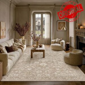 HUGEAR 8x10 Area Rugs for Living Room Washable Rug Carpet Beige Neutral Bedroom Rug Non Slip Soft Low Pile Retro Distressed Stain Resistant for Home Dining Room Office Farmhouse