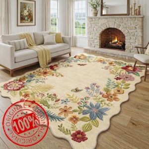 FMFUNCTEX 8x10 Floral Washable Area Rug Beige Neutral Vintage Flower Botanical Cottage Boho Cream Scalloped Soft Non Slip Low Pile Large Indoor Thin Carpet for Living Room Bedroom Dining Room Nursery