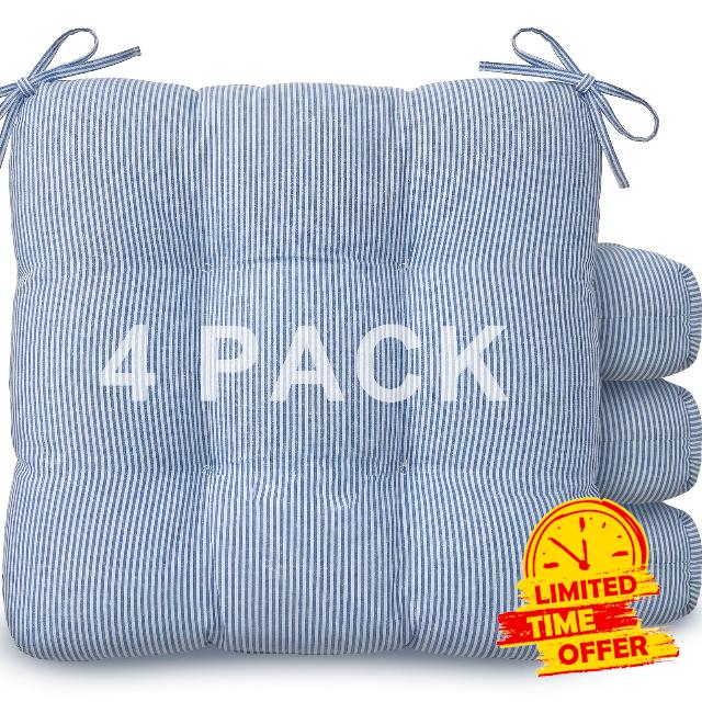 Geetery Blue and White 4 Pack Ticking Stripe Chair Cushions with Ties