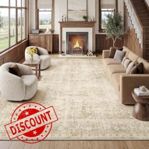 FMFUNCTEX 8x10 Washable Area Rug Beige Neutral Vintage Distressed Oriental Large Non Slip Carpet for Living Room Bedroom Traditional Retro Soft Low Pile Indoor Rugs for Dining Room Office Nursery