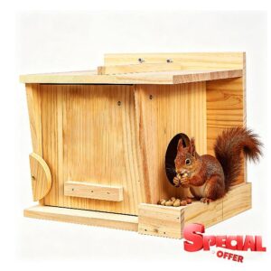 Squirrel House with Feeding Shelf - Solid Wood Nest Box for Squirrels