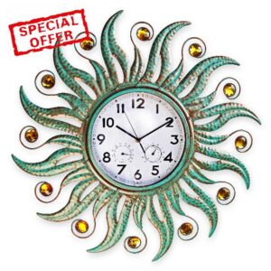 COOZZUHOUR 25 Inch Metal Sun Outdoor Shaped-Clock with Thermometer and Hygrometer Combo