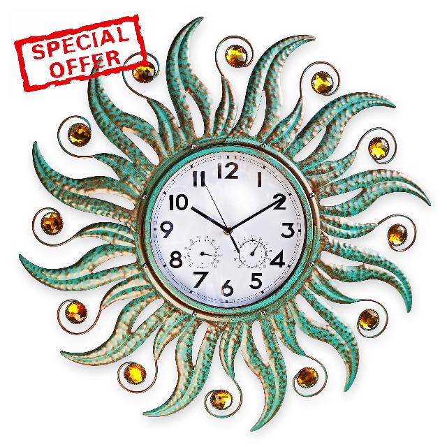 COOZZUHOUR 25 Inch Metal Sun Outdoor Shaped-Clock with Thermometer and Hygrometer Combo