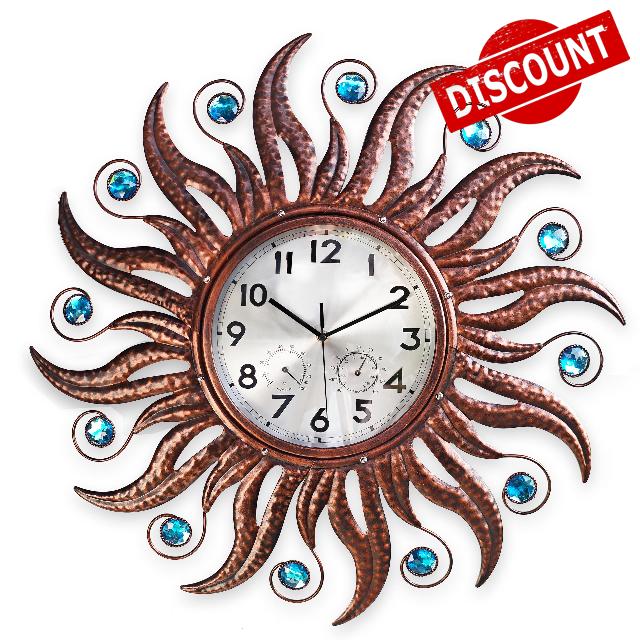COOZZUHOUR 25 Inch Metal Sun Outdoor Shaped-Clock with Thermometer and Hygrometer Combo