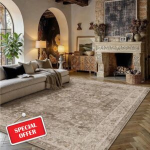 HUGEAR 8x10 Area Rug Taupe Machine Washable Rug Room Decor Vintage Distressed Living Room Rugs Non Slip Low Pile Soft Carpet for Bedroom Dining Room Office Soft Lightweigh